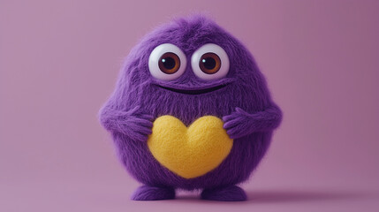 Fototapeta premium A cute purple wool monster with big eyes, a yellow heart-shaped belly. Copy space, place for text, funny horizontal postcard or poster for Valentines Day