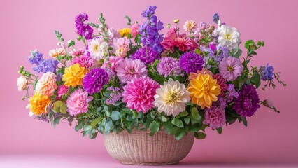 Colorful floral arrangement in a woven basket on pink background