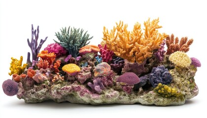 A vibrant and detailed coral reef model showcasing a diverse array of colorful corals and formations, set against a clean white background, perfect for underwater enthusiasts and decorative purposes,