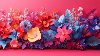 Colorful paper flowers create vibrant display on pink background
