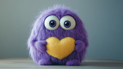 A cute purple wool monster with big eyes, a yellow heart-shaped belly. Copy space, place for text, funny horizontal postcard or poster for Valentines Day
