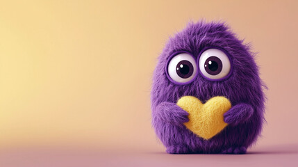 Obraz premium A cute purple wool monster with big eyes, a yellow heart-shaped belly. Copy space, place for text, funny horizontal postcard or poster for Valentines Day
