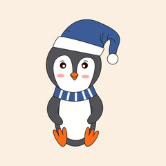 Cute Winter Penguin with Blue Hat and Scarf