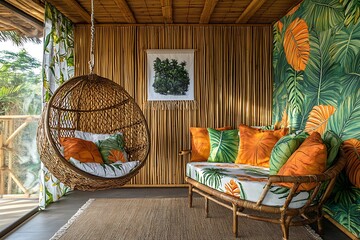 A tropical hideaway living room with bamboo walls, bright jungle prints, and a hanging rattan chair.