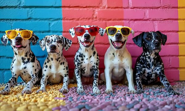 a group of dalmatian dog wear sunglasses standing in the colorful wall