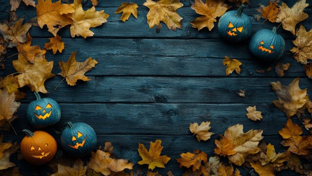 Autumn leaves and carved pumpkins create a festive Halloween display
