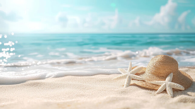 Beautiful summer beach scene with hat and starfish on sand