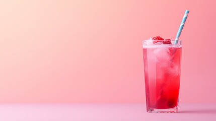 A refreshing pink beverage in a tall glass, garnished with raspberries and served with a striped straw against a soft gradient background.