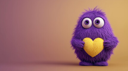 Fototapeta premium A cute purple wool monster with big eyes, a yellow heart-shaped belly. Copy space, place for text, funny horizontal postcard or poster for Valentines Day