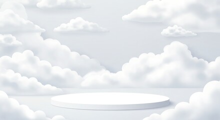 Product Display Podium in a Cloudscape, Heavenly Background, 3D Rendered Clouds, White on White.