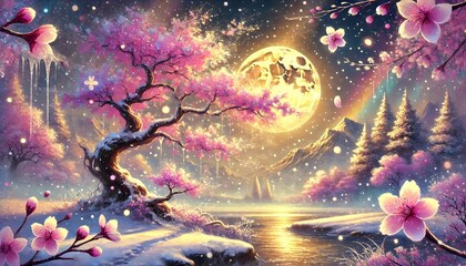 Serene Snow and Cherry Blossom Fantasy Scene Under Moonlit Sky