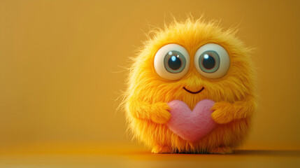 Fototapeta premium A cute yellow wool monster with big eyes, a pink heart-shaped belly. Copy space, place for text, funny horizontal postcard or poster for Valentines Day