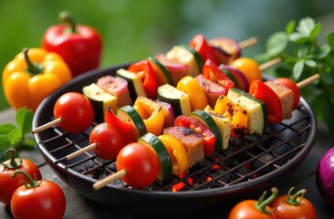 colorful skewer of perfectly grilled vegetables on black metal grilling rack in culinary concept of vibrant vegetable BBQ