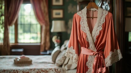 Fototapeta premium Peach satin robe, lace trim, hangs bedroom.