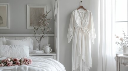 White bedroom, lace robe, flowers, calm, serene.