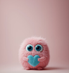 A cute pink wool monster with big eyes, a blue heart-shaped belly. Copy space, place for text, funny vertical postcard or poster for Valentines Day