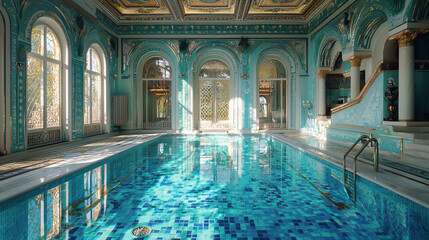 Luxurious indoor swimming pool with ornate blue tile design