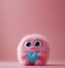 Fototapeta premium A cute pink wool monster with big eyes, a blue heart-shaped belly. Copy space, place for text, funny vertical postcard or poster for Valentines Day
