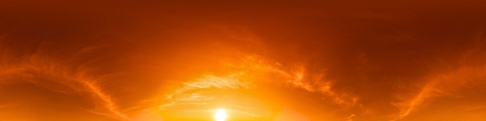 360 panorama of glowing sunset sky with bright pink Cirrus clouds. HDR 360 seamless spherical panorama. Full zenith or sky dome sky replacement for aerial drone panoramas. Climate and weather change.