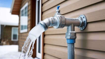 Frozen pipe with water leakage outside a house in winter