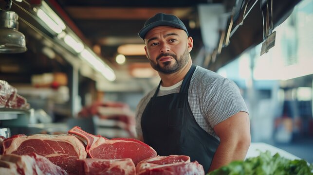 A dedicated butcher showcases an array of fresh meat cuts at a bustling market, highlighting craftsmanship and a commitment to quality in every piece displayed.