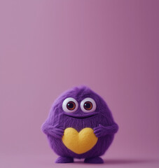 Fototapeta premium A cute purple wool monster with big eyes, a yellow heart-shaped belly. Copy space, place for text, funny vertical postcard or poster for Valentines Day