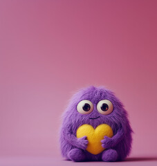A cute purple wool monster with big eyes, a yellow heart-shaped belly. Copy space, place for text, funny vertical postcard or poster for Valentines Day