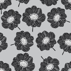 seamless grey hand drawn flowers pattern background