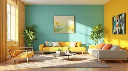 Sunlit Living Room: Modern and Stylish Interior Design with a Pop of Color: A bright and airy living room boasts a vibrant color scheme, featuring turquoise and yellow walls, a yellow sofa.