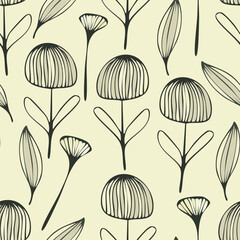seamless monochrome hand drawn flowers pattern background