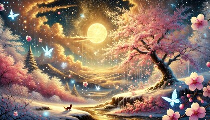 A serene horizontal painting portraying a harmonious snowy landscape with cherry blossoms, glowing softly under a golden moonlit sky
