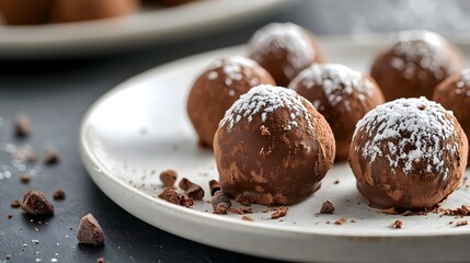 Closeup of homemade chocolate truffles with nuts on a plate, a delicious and gourmet dessert, perfect for a sweet treat or snack