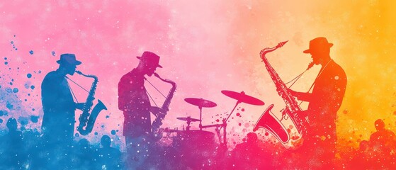 Silhouettes of musicians playing saxophones against a colorful background.