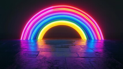 Colorful neon rainbow illuminated against a dark background