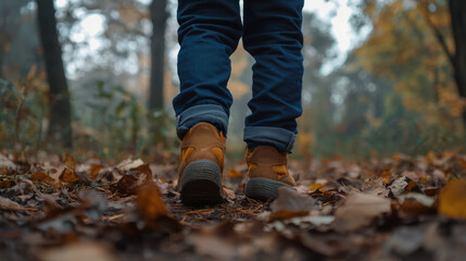 Boy walking through an autumn forest with fallen leaves and boots