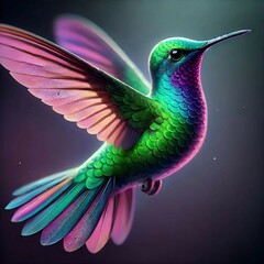 Fototapeta premium the iridescent plumage of the hummingbird. The feathers shimmer with hues of green, pink, and blue, creating a mesmerizing visual effect.