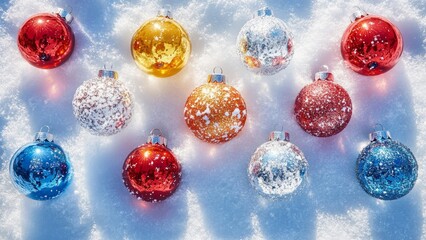 Colorful ornaments resting on fresh white snow during winter season