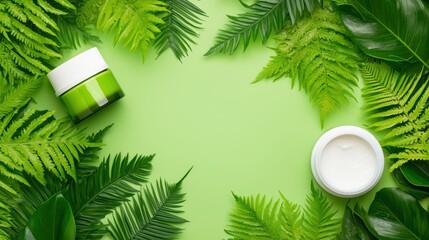 Green Leaves and Cream Jars on Simple Background for Skincare