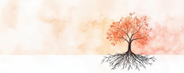 A watercolor tree with vibrant autumn leaves and intricate roots.