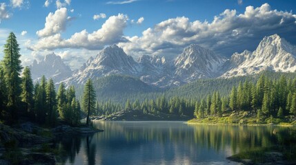 Fototapeta premium Majestic Mountain Landscape with Serene Lake and Lush Green Forests