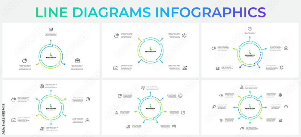 Poster set of infographic outline cycle diagrams with 3, 4, 5, 6, 7 and 8 options, steps or processes. mode