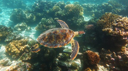 Deep beneath the crystal-clear surface, a magnificent sea turtle swims serenely amid colorful coral formations, showcasing the beauty of marine life in its natural habitat.