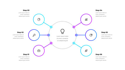 Fototapeta premium Outline organizational chart for explaining concepts, ideas, projects, or hierarchical structures. Infographic Diagram with 6 steps, options or processes