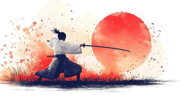 A lone samurai wielding a katana against a backdrop of a vibrant red sun and falling autumn leaves.