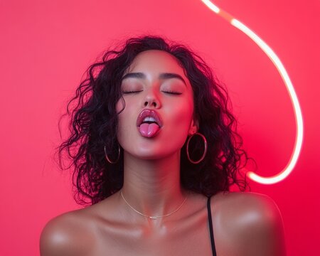 Bold Personality Latina Woman Celebrating Be Nasty Day with Playful Expression in Neon Glow