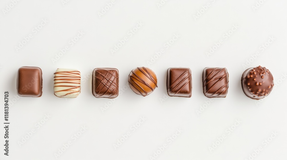 Poster seven assorted chocolates arranged in a horizontal line on a clean white background, creating an ent