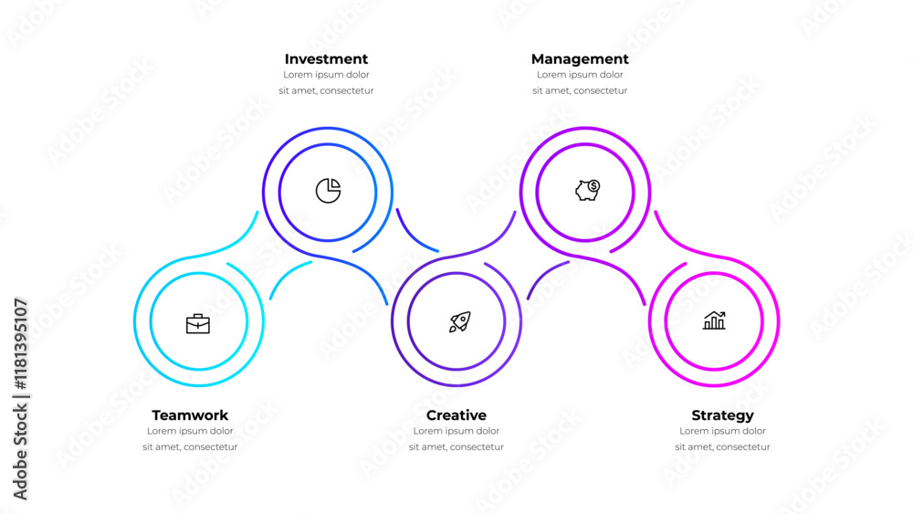 Poster Horizontal progress diagram with five metaball elements. Concept of 5 steps of business timeline. Creative infographic design template.