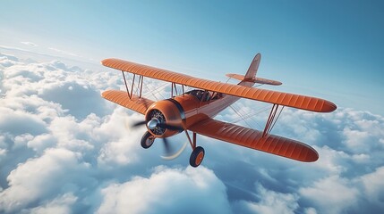 Vintage biplane flying above clouds.
