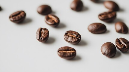 Closeup of roasted coffee beans with a dark rich aroma, featuring a natural grain texture and hints of chocolate and spice, isolated on a white background