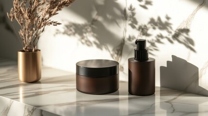 Soft sunlight illuminates a serene arrangement of skincare products atop a marble surface, surrounded by delicate foliage, creating a tranquil and inviting atmosphere.